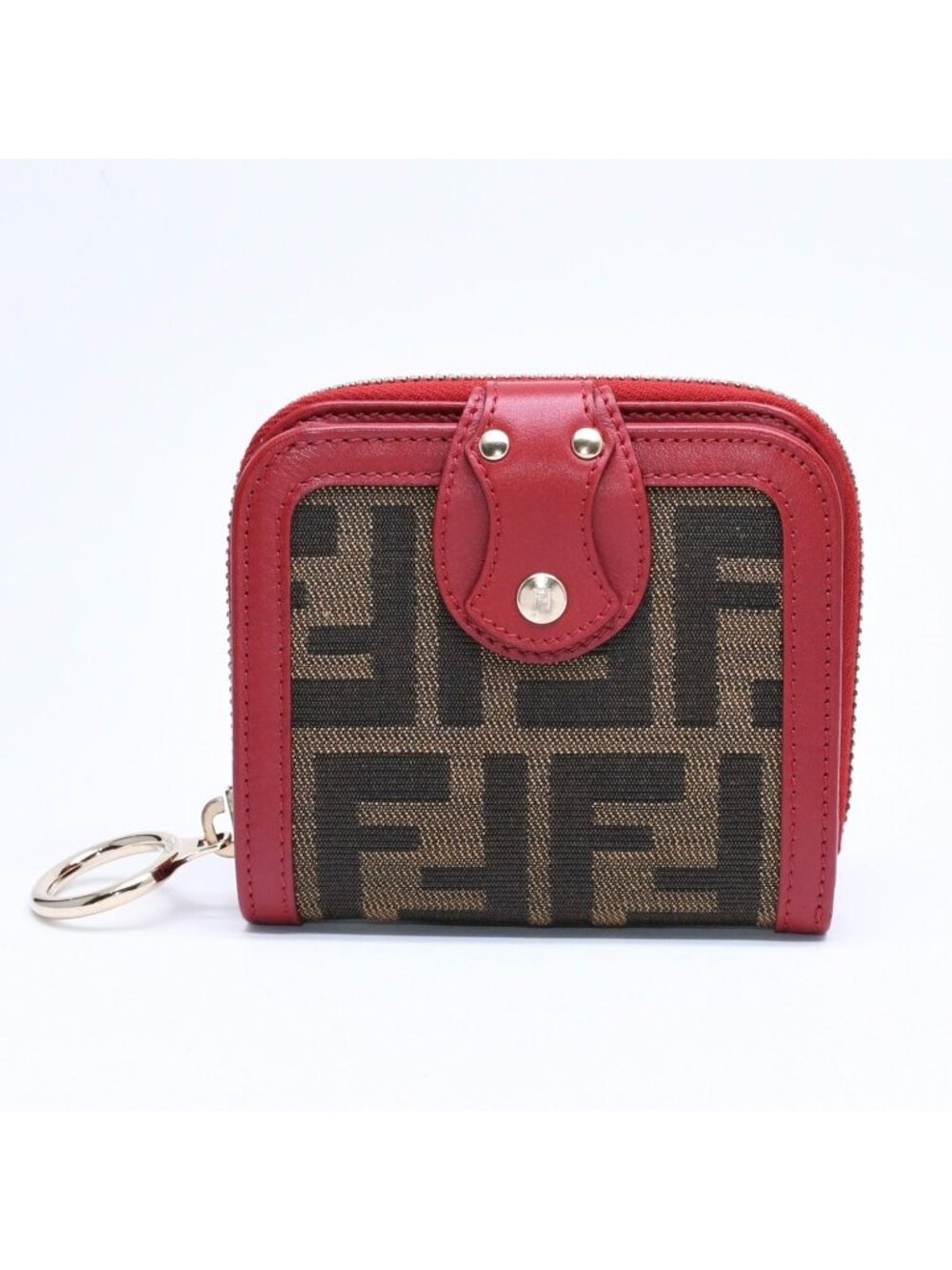 Fendi Compact Wallet Bifold Zucca Pattern Canvas Leather Brown Red Gold